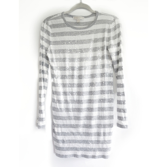 Michael by Michael Kors Sequin Striped Tee Dress Gray White Long Sleeve Crew - Picture 2 of 10